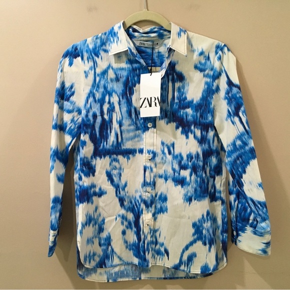 ZARA Printed Poplin Shirt  Collared Blouse Blue White  Size XS Womens New 3134 - Picture 3 of 7